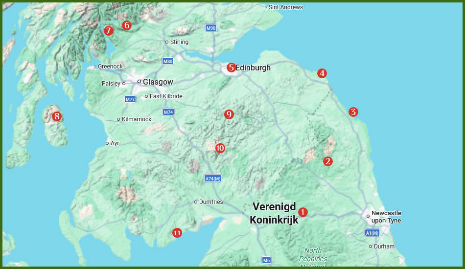 kaart van kusten en bergen in Zuid Schotland