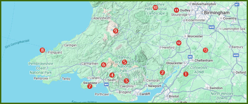 kaart van bergen, heuvels en kusten in Zuid Wales en West Engeland