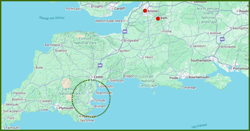 kaart van een treinvakantie in Engeland: Bristol, Bath en Devon