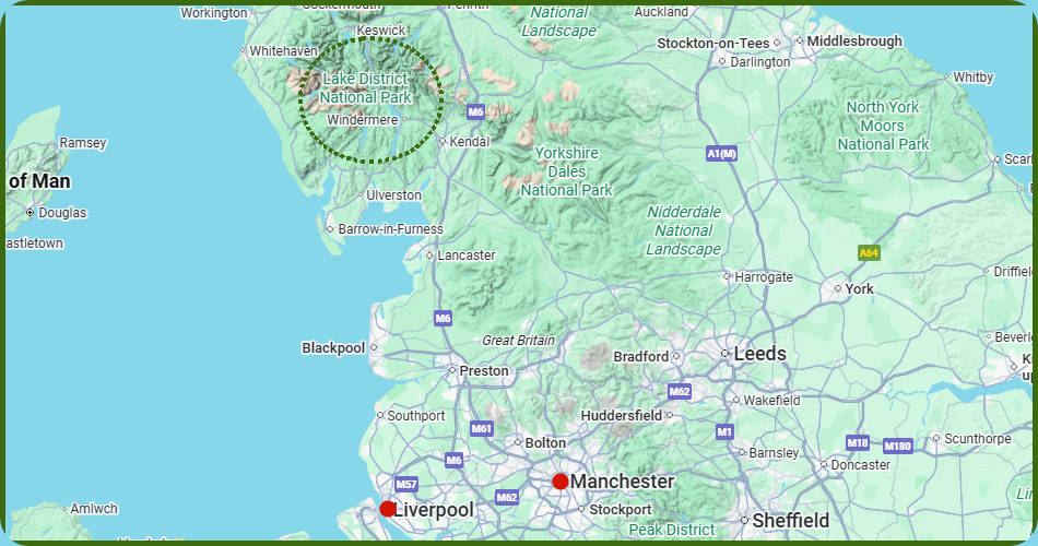 kaart van een treinvakantie in Engeland: Manchester en Lake District