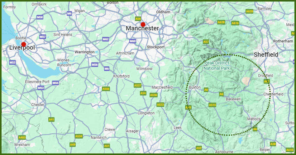 kaart van een treinvakantie in Engeland: Manchester en Peak District