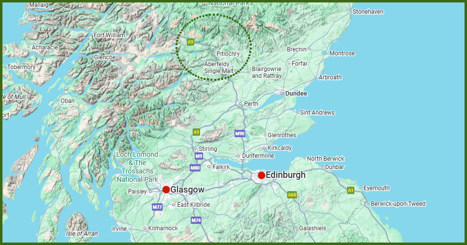 kaart van een treinvakantie in Schotland: Edinburgh, Glasgow en Perthshire