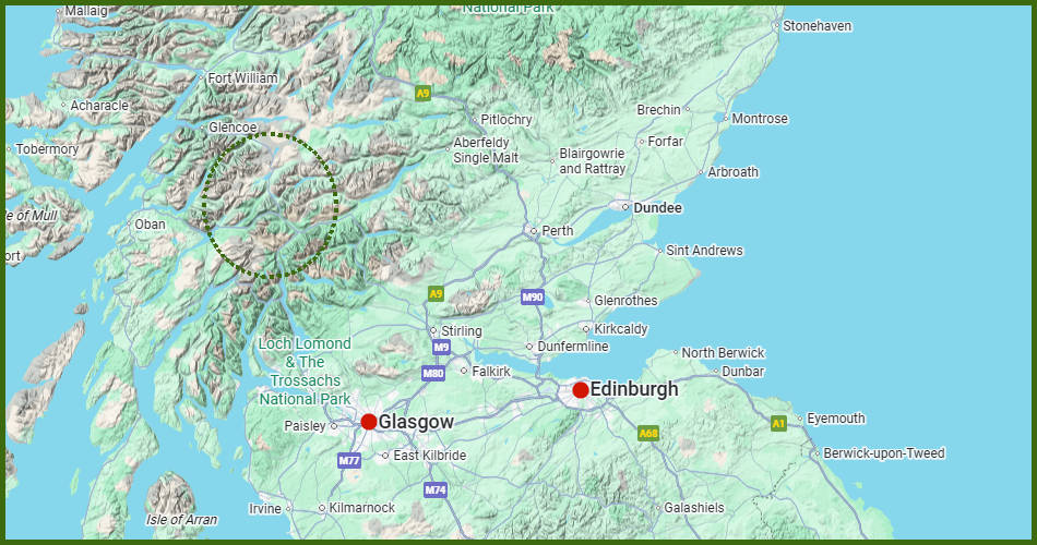 kaart van een treinvakantie in Schotland: Glasgow, Edinburgh en de West Highland Way