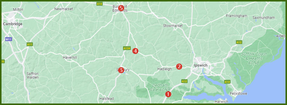 kaart met hotels in het land van Constable en Gainsborough, Engeland