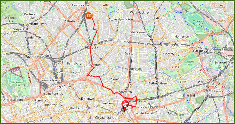 kaart van de Islington en Shoreditch