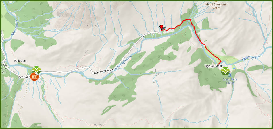 kaart van het traject naar de Steall Waterfall