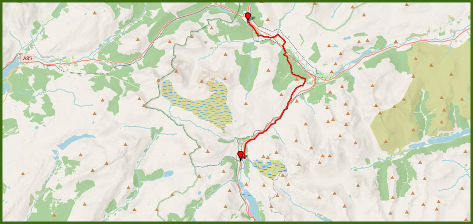 kaart van het traject naar Tyndrum