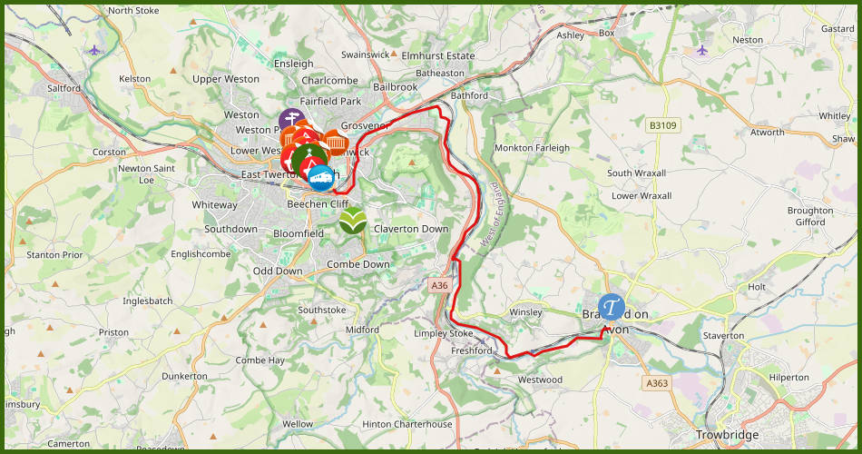 kaart van een wandelroute tussen Bradford-on-Avon en Bath