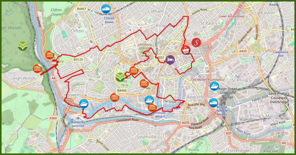 kaart van een wandelroute door Bristol