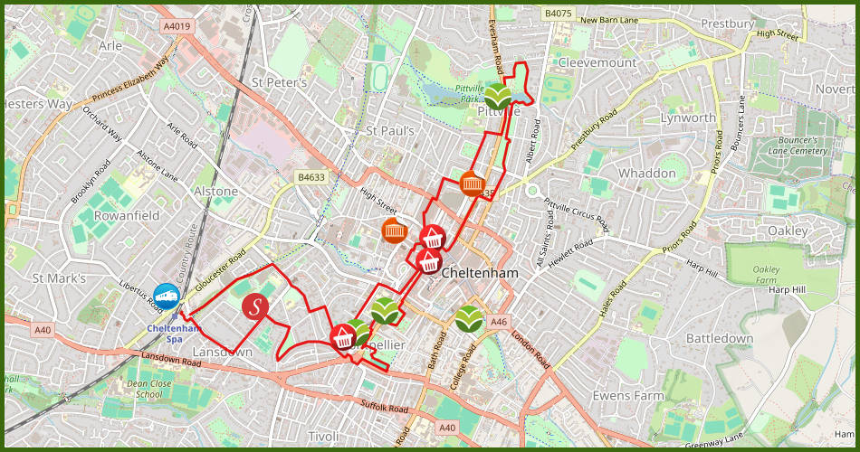 kaart van een wandelroute door Cheltenham
