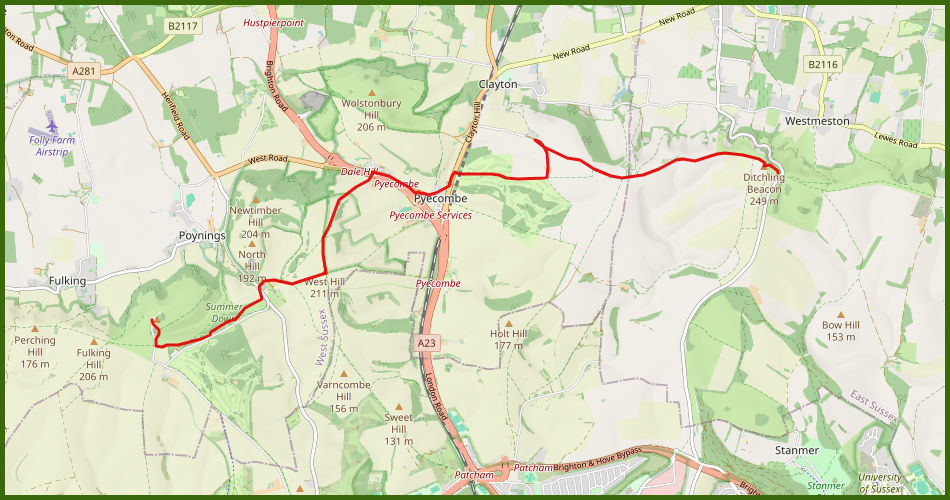 kaart van Ditchling Beacon en Devil's Dyke