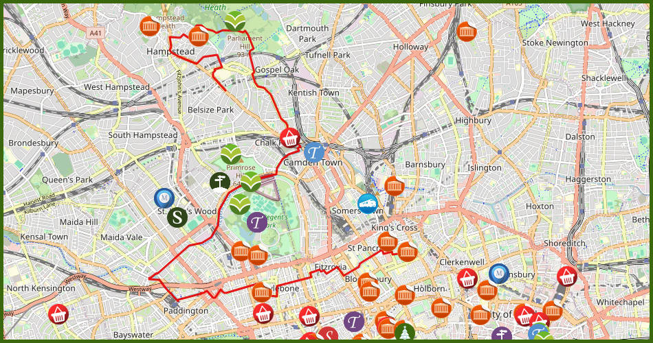 kaart van een wandeling door Hampstead