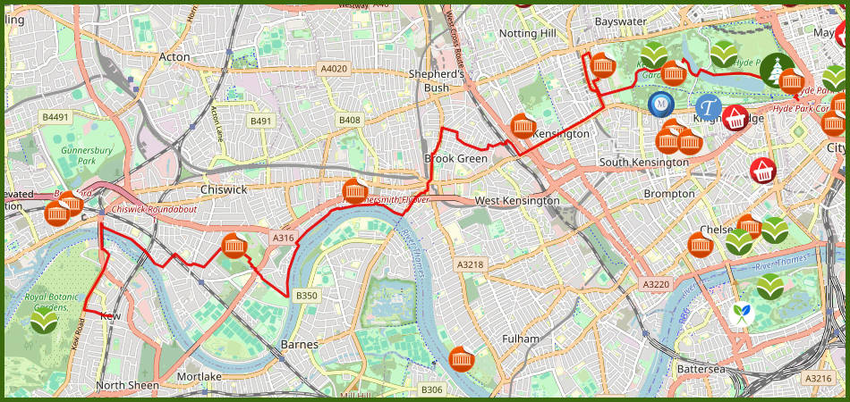 kaart van een wandeling langs de Theems vanuit Kew