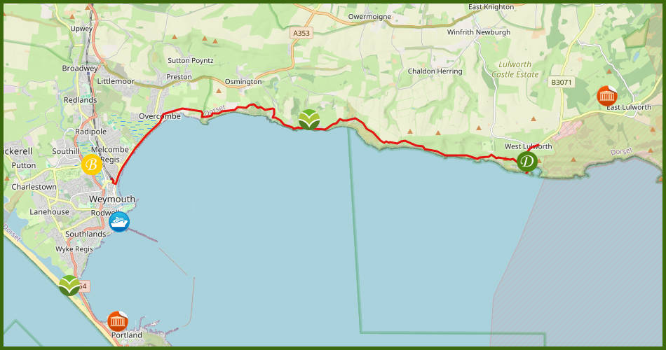 kaart van de route West Lulworth - Weymouth