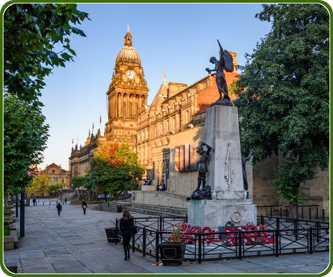 De grote stad Leeds in Yorkshire, Engeland